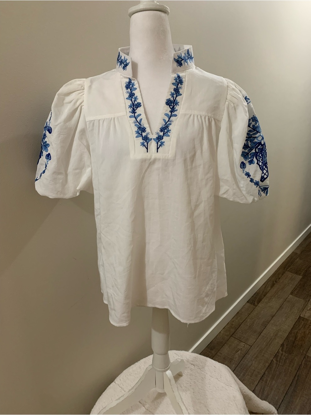 entro White Peasant Blouse with Blue Embroidery